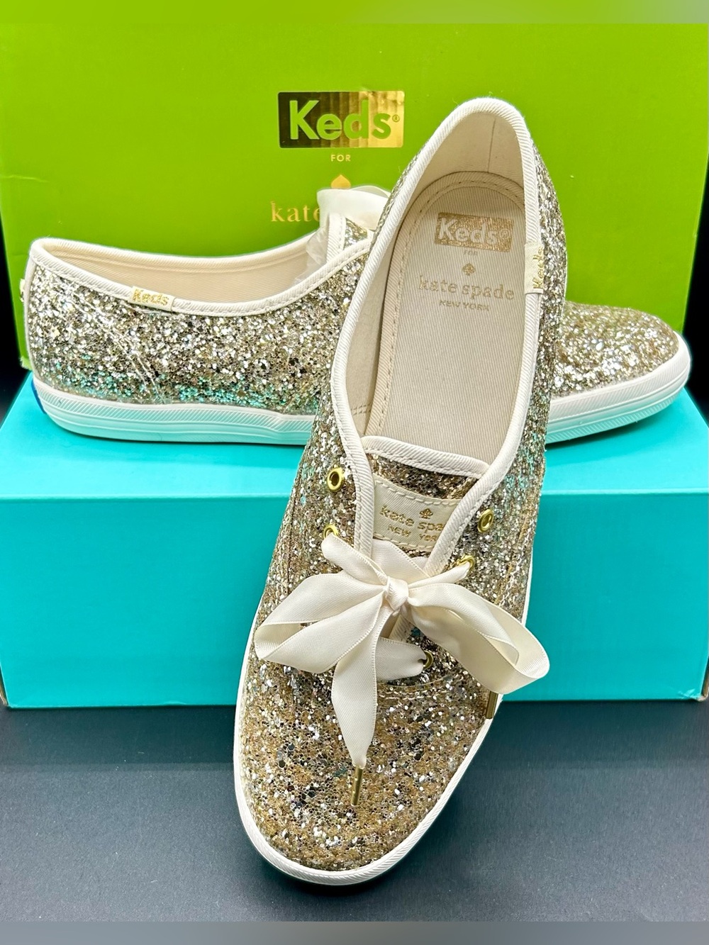 KEDS X KATE SPADE New York Champion Platinum Glitter Sneakers. Size 8